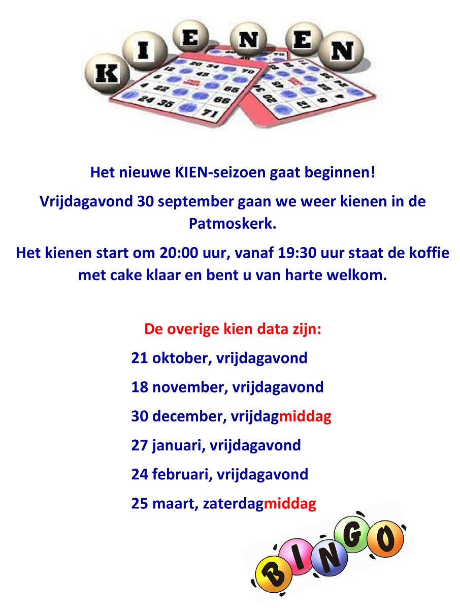 Vrijdag 30 september: Kienen in de Patmoskerk