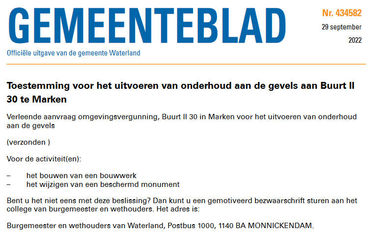 Officiële mededelingen Waterland, kern Marken, week 39