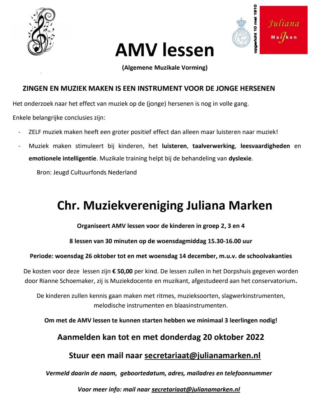 Muziekvereniging Juliana organiseert AMV lessen