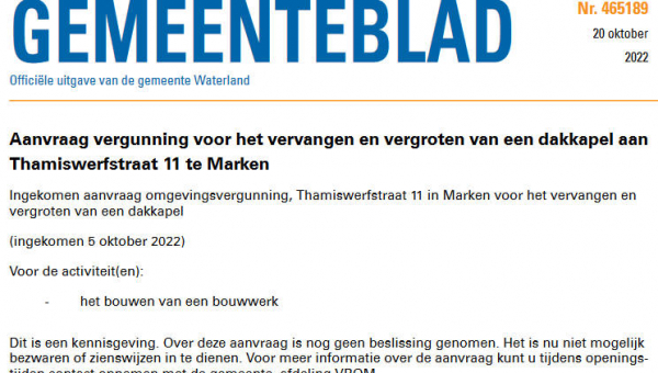 Officiële mededelingen Waterland, kern Marken, week 42