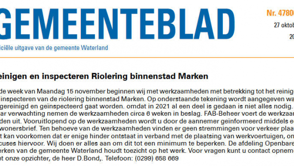Officiële mededelingen Waterland, kern Marken, week 43