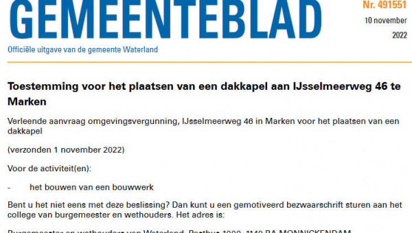 Officiële mededelingen Waterland, kern Marken, week 45