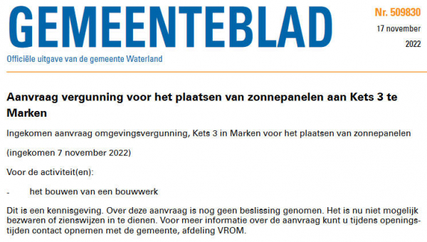 Officiële mededelingen Waterland, kern Marken, week 46