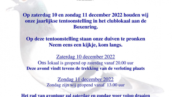 Zaterdag 10 &amp; zondag 11 december: 'Duivententoonstelling 2022'