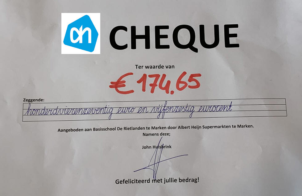 Statiegeldactie Albert Heijn levert € 174,65 voor Rietlandenschool
