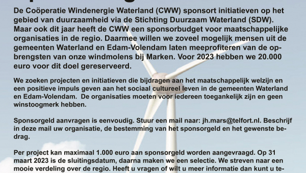 Sponsoring door Coöperatie Windenergie Waterland (CWW)