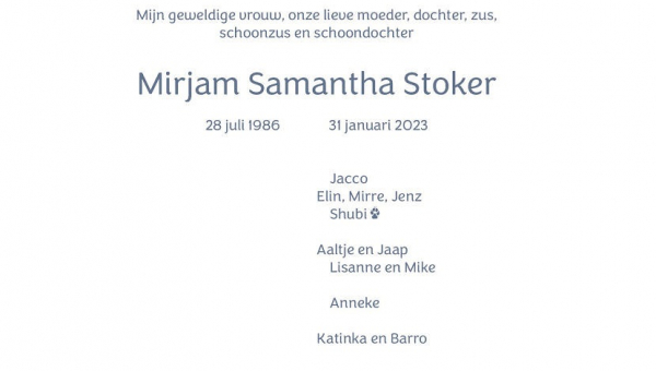 Bericht van overlijden: Mirjam Samantha Stoker