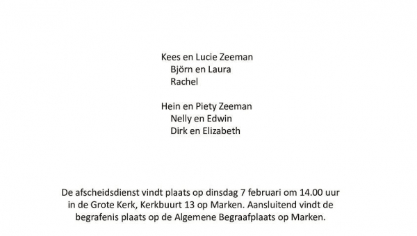 Bericht van overlijden: Lobberig Zeeman-Zeeman