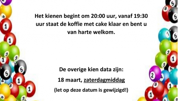 Vrijdag 24 februari is er kienen in de Patmoskerk