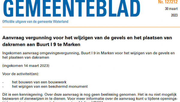 Officiële mededelingen Waterland, kern Marken, week 13