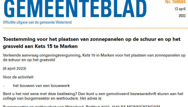 Officiële mededelingen Waterland, kern Marken, week 15