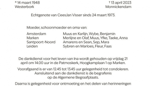 Bericht van overlijden: Ina Visser-Kuipers