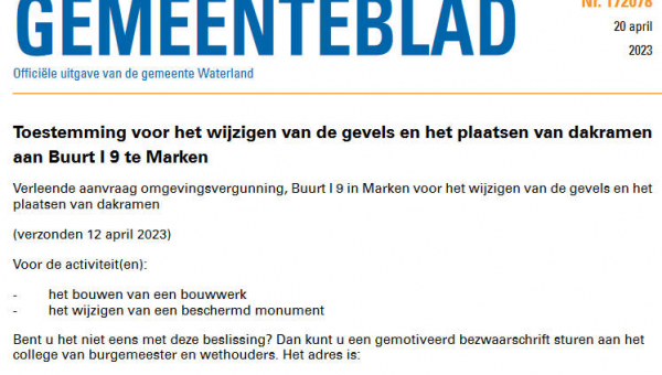 Officiële mededelingen Waterland, kern Marken, week 16