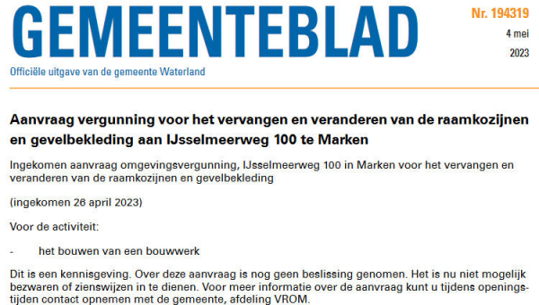 Officiële mededelingen Waterland, kern Marken, week 18