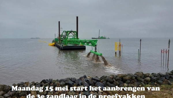 15 mei start het aanbrengen van de 3e zandlaag in de proefvakken