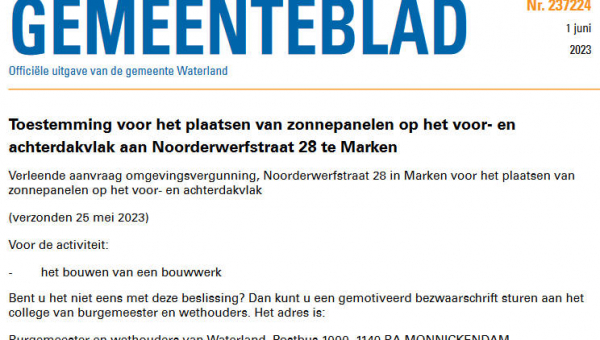 Officiële mededelingen Waterland, kern Marken, week 22