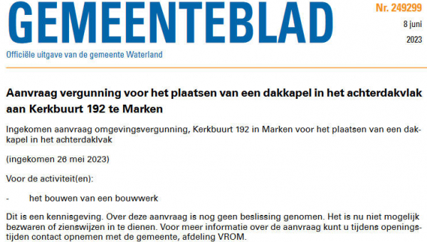 Officiële mededelingen Waterland, kern Marken, week 23