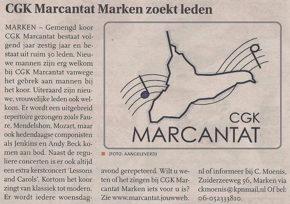 Chr. Gemengd Koor Marcantat op Marken zoekt leden