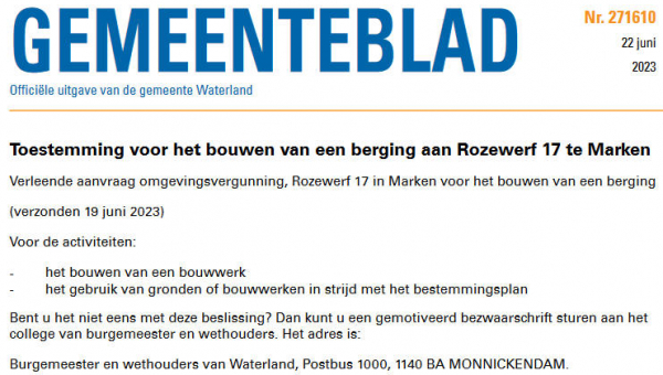Officiële mededelingen Waterland, kern Marken, week 25