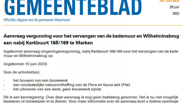 Officiële mededelingen Waterland, kern Marken, week 26