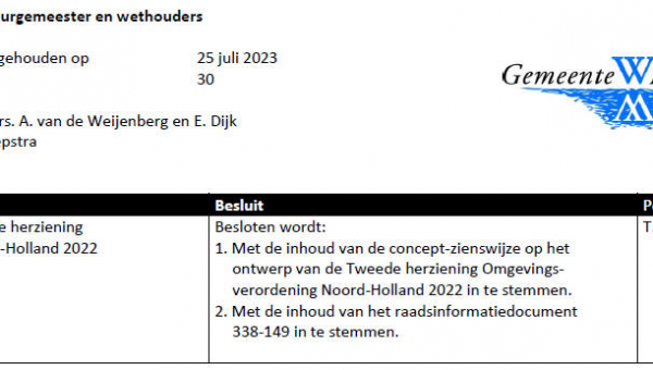 Besluitenlijst college B&amp;W van Waterland week 30