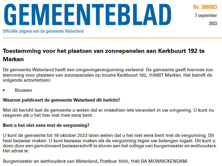 Officiële mededelingen Waterland, kern Marken, week 36