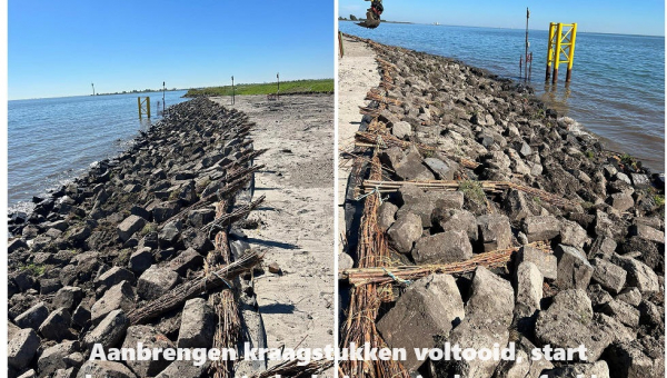 Aanbrengen kraagstukken voltooid, start aanbrengen verticale drainage in de proefvakken