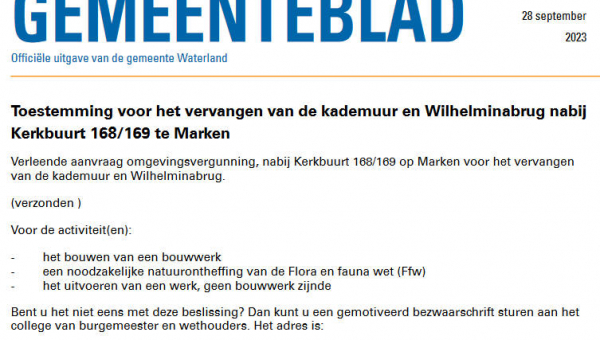 Officiële mededelingen Waterland, kern Marken, week 39