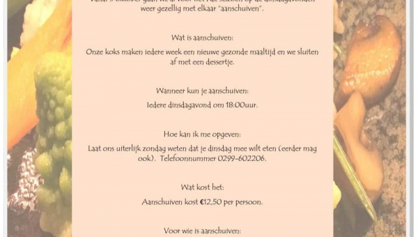 Vanaf dinsdag 3 oktober elke dinsdag 'Aanschuiven' bij de Taanketel