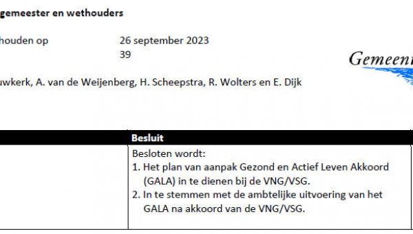 Besluitenlijst college B&amp;W van Waterland week 39