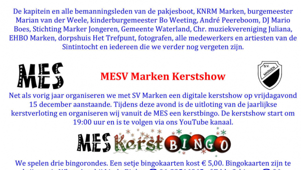 	MES Nieuws: 'Dank u Sinterklaasje' &amp; 'MESV Marken Kerstshow'
