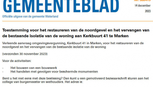 Officiële mededelingen Waterland, kern Marken, week 50