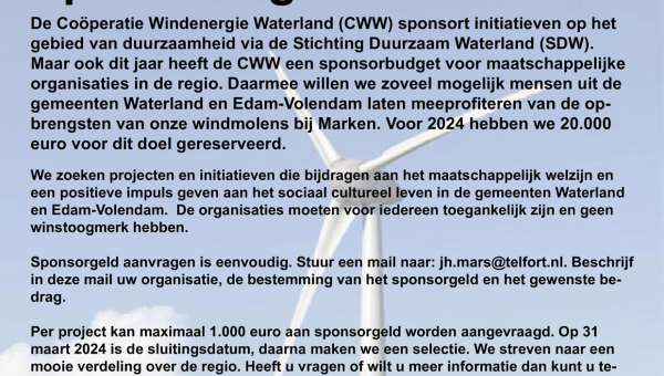 Sponsoring 2024 door Coöperatie Windenergie Waterland (CWW)