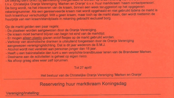 Reservering huur marktkraam Koningsdag