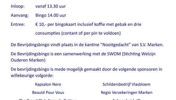 Bevrijdingsbingo voor vijfenvijftig plussers op zondag 5 mei