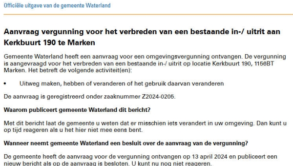 Officiële mededelingen Waterland, kern Marken, week 16