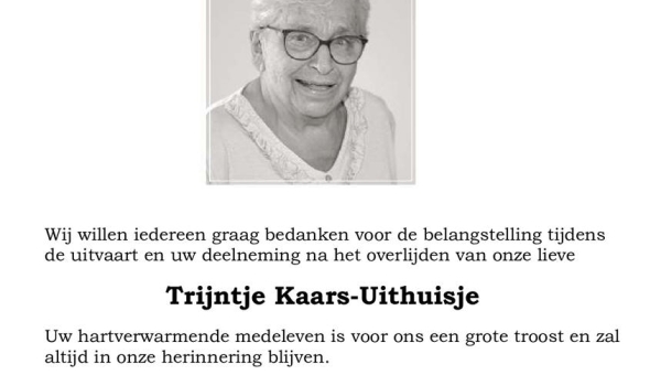 Bedankje nabestaanden Trijntje Kaars-Uithuisje