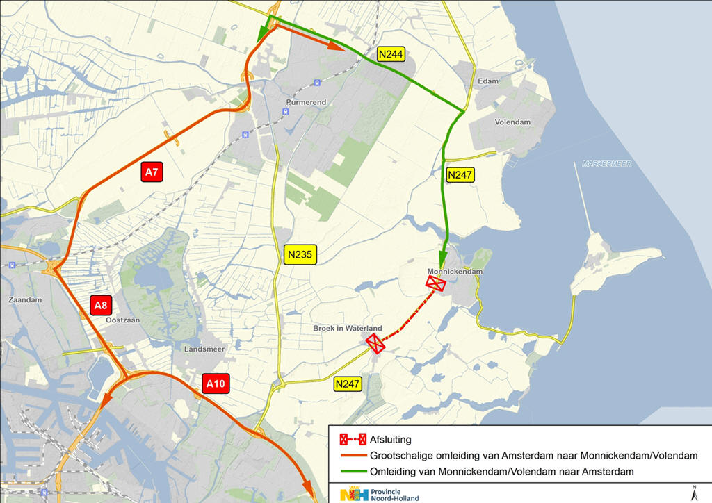 N247 afgesloten tussen Monnickendam en Broek in Waterland