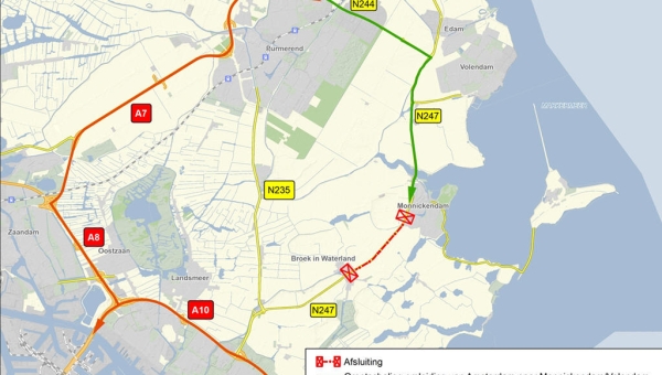 N247 afgesloten tussen Monnickendam en Broek in Waterland