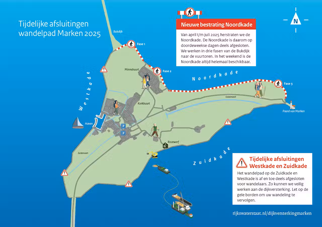 Nieuwe bestrating Noordkade op Marken; afsluitingen voor wandelaars