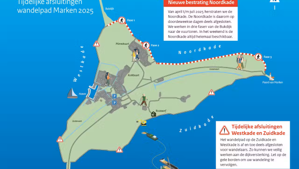 Nieuwe bestrating Noordkade op Marken; afsluitingen voor wandelaars